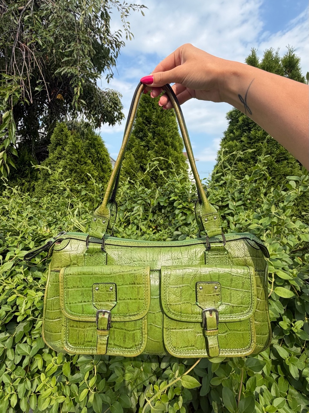 Vintage Fossil Green Croc Embossed Leather Y2K Baguette Shoulder Bag RARE